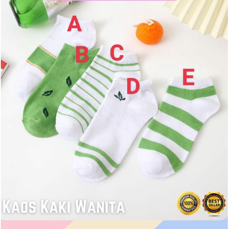 ~ PIYOSHI08 ~ Kaos Kaki Wanita Motif Green Leaf Fashion Korea Women Sock Import Murah AF174