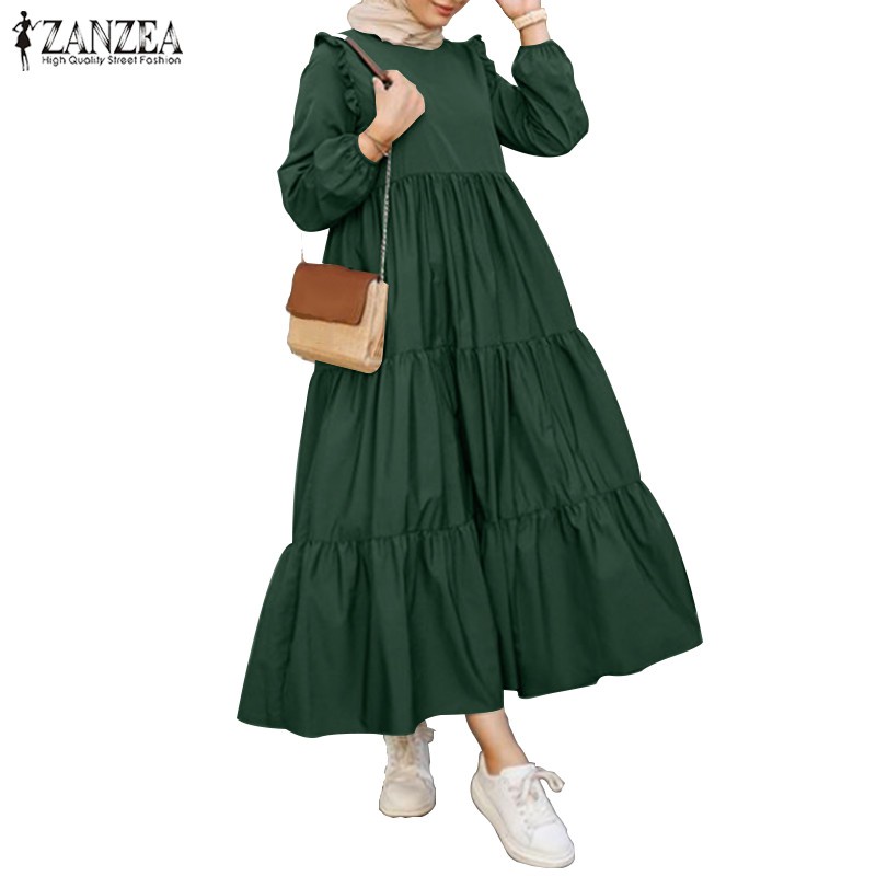 ZANZEA Women Long Sleeve Ruffled Casual Tiered Layered Muslim Long Dress