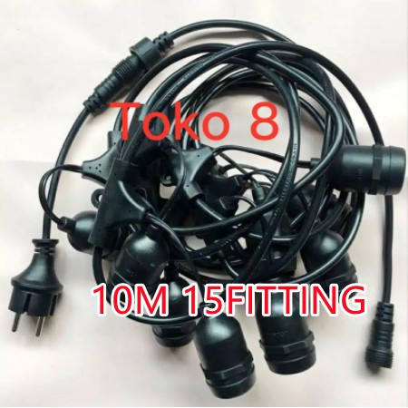 Kabel Fitting 10m 15fitting Gantung/Pattio Fitting Lampu Outdoor E27 10m- 15Fitting