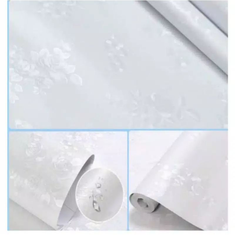 wallpaper sticker motif putih polos serat bunga uk 10mx45cm bahan PVC anti air full lem
