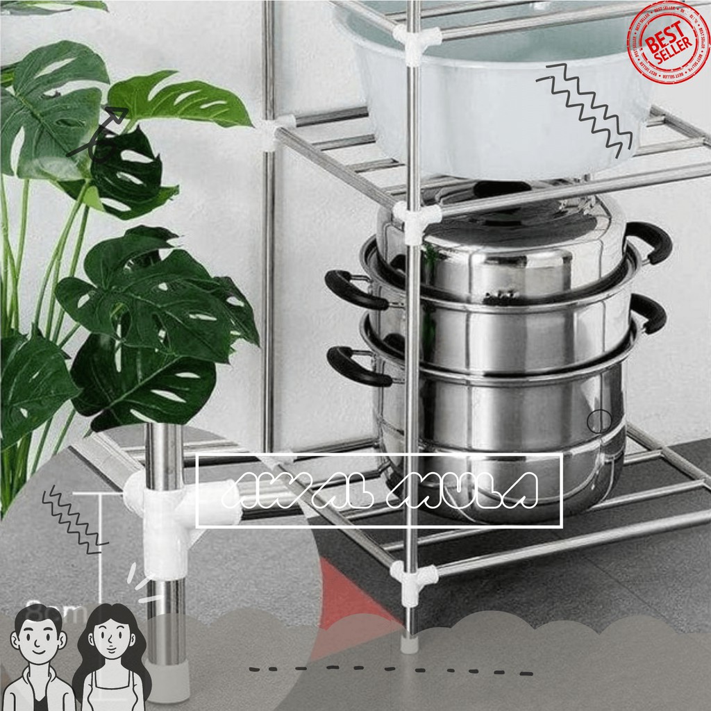 Rak Panci Dapur Susun Portable Serbaguna Tempat Penyimpanan Alat Masak 5 Tingkat Free 6 Hook Gantung