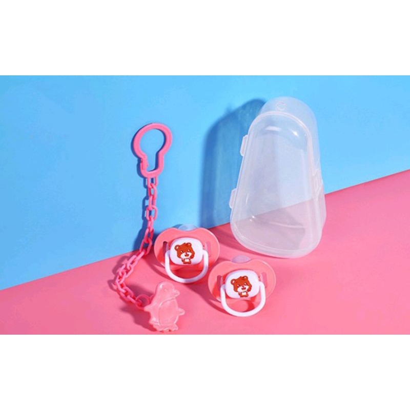 LYSASHOP - Kompeng Bayi Dot Empeng Gepeng Datar Bulat Set Kotak Baby Pacifier Soother Food Grade-PINK Set3in1+Kotak