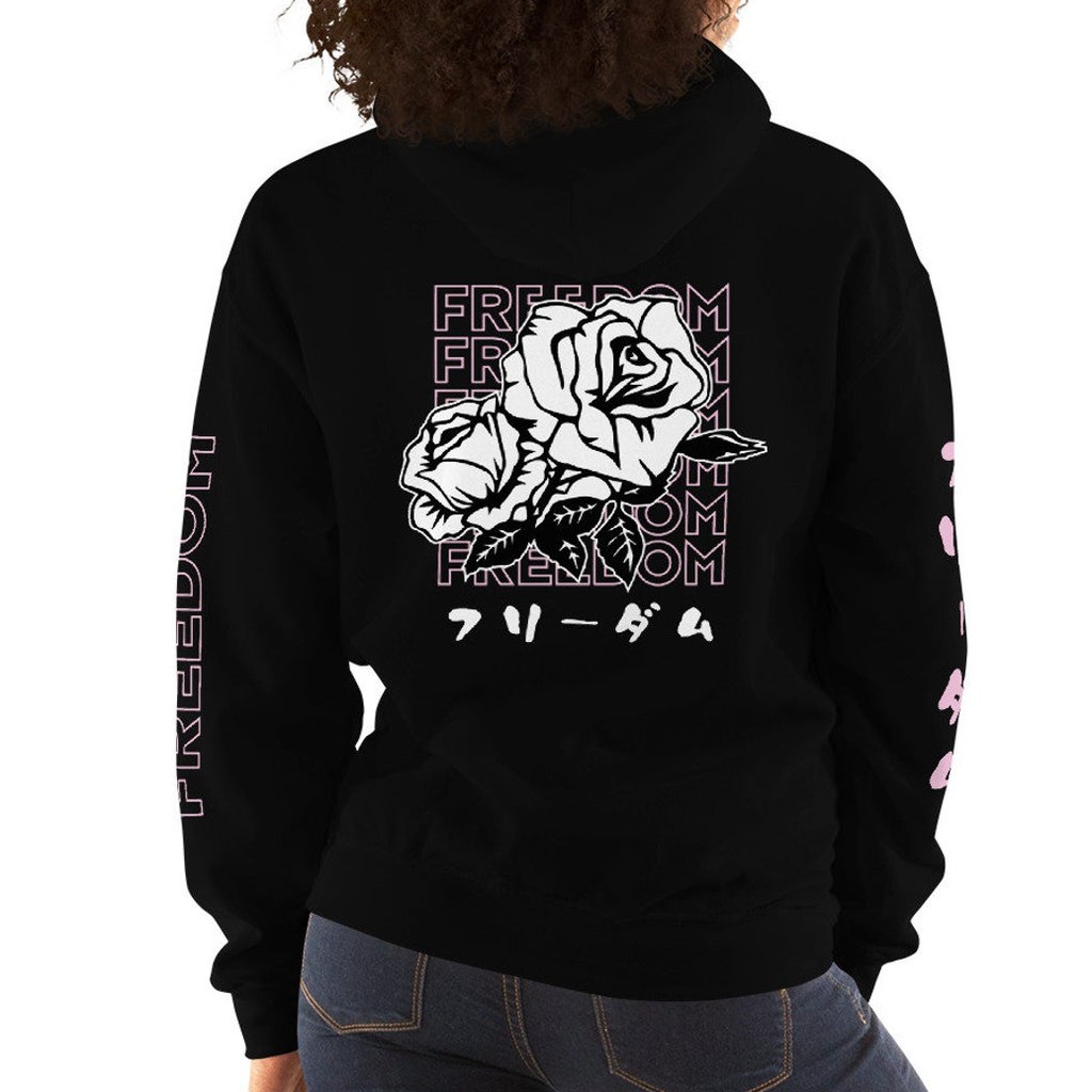 Hoodie Streetwear Freedom Rose Black Premium Cotton Fleece Unisex