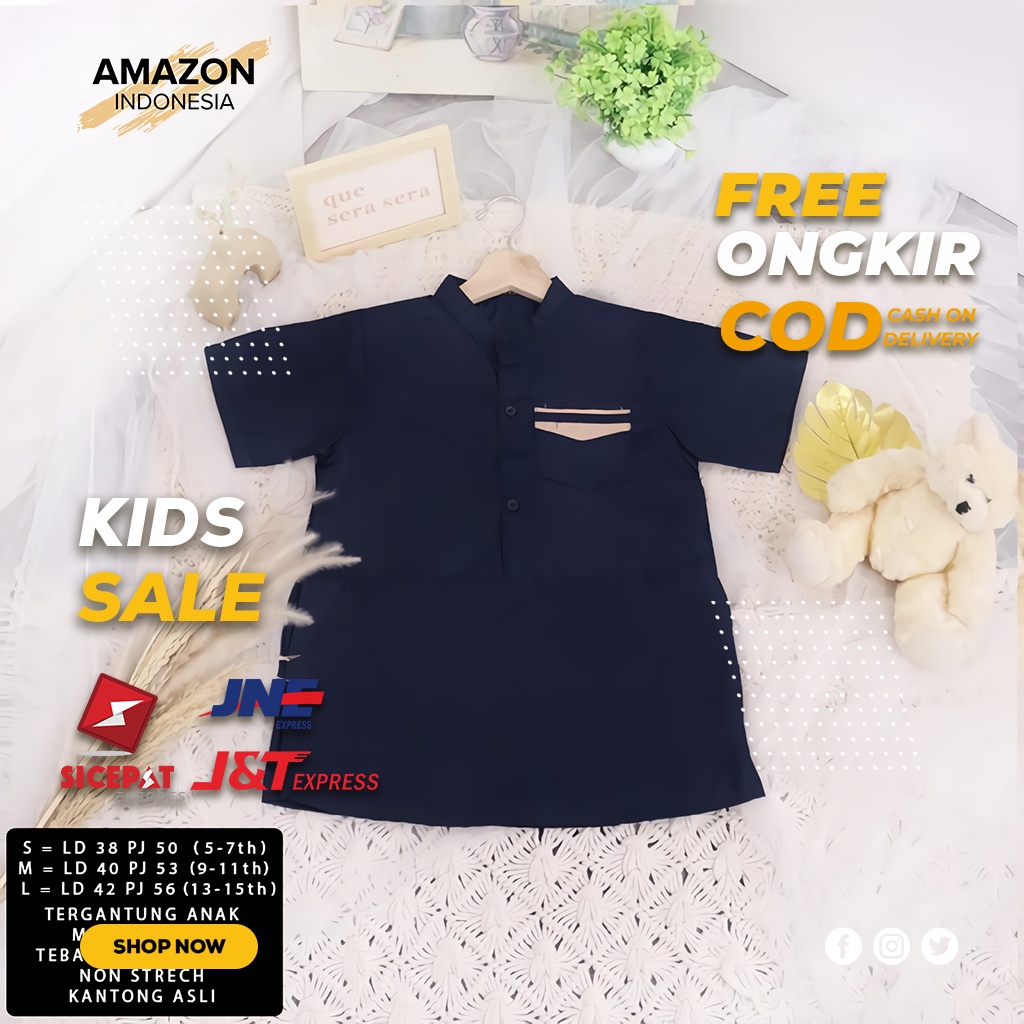 PAKAIAN MUSLIM ANAK LAKI LAKI BAJU KOKO COWOK NAVY LENGAN PENDEK POLOS KAIN KATUN TOYOBO BEST QUALITY