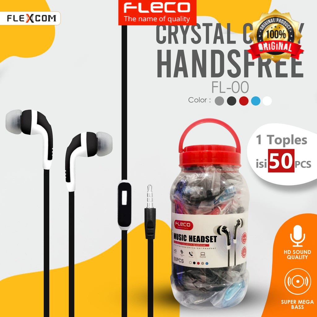 HEADSET HANDSFREE EARPHONE FLECO FL-00 ORIGINAL (1 TOPLES ISI 50) Extra Bass + Mic  / Headset / Headphone [Earphone Universal Samsung Oppo Reno Vivo Realme Infinix Zenfone Huawei Nokia Xiaomi Redmi Poco]