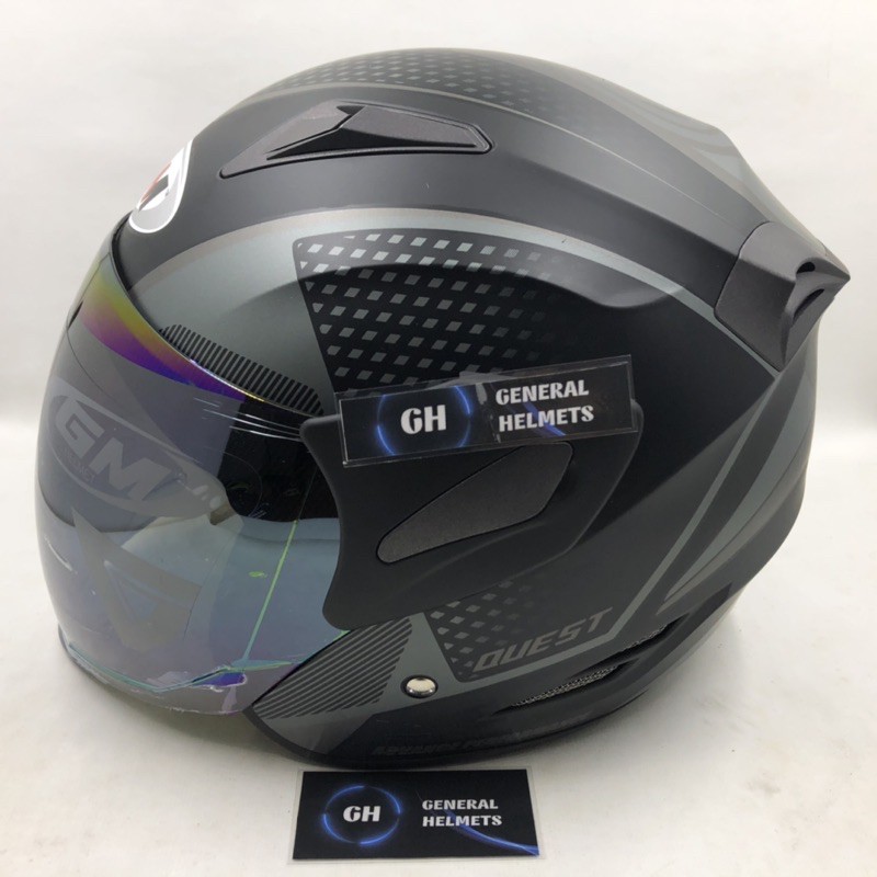 Helm GM Fighter Motif Quest Black Silver Doff Hitam Abu Dop Half Face