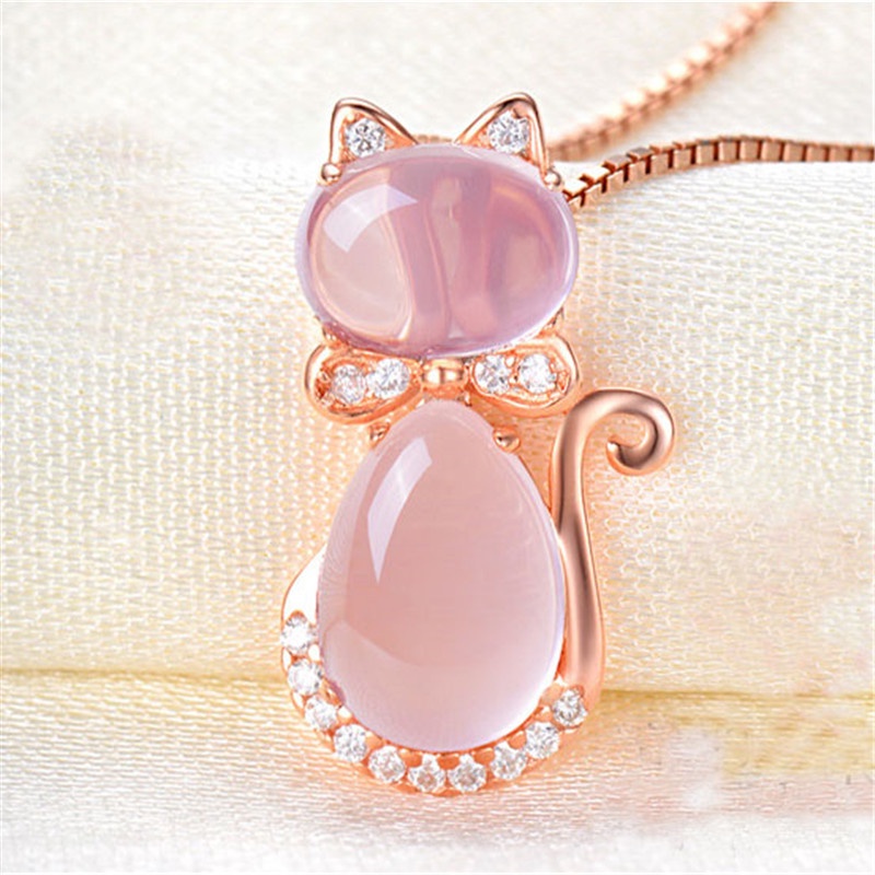 [Ready Stock]Fashion Inlaid Pink Crystal Cat Pendant Cute Necklace