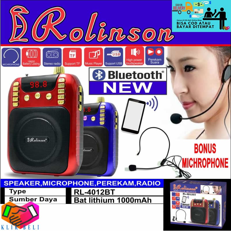 Rolinson Speaker Bluetooth Radio MP3 Mic USB Perekam Suara RL-4012BT Presentasi / Pinggang