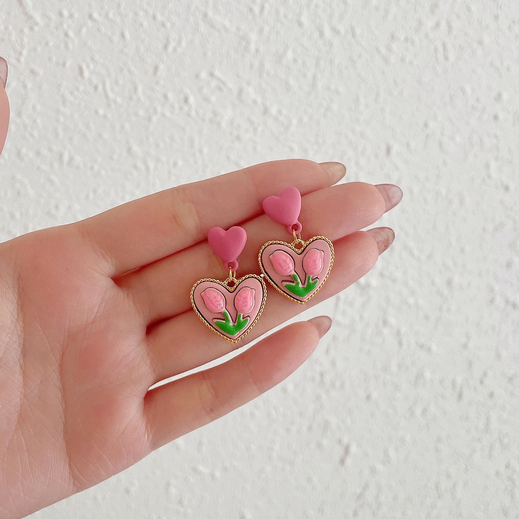 Anting Liontin Bentuk Bunga Tulip Warna Pink Gaya Retro