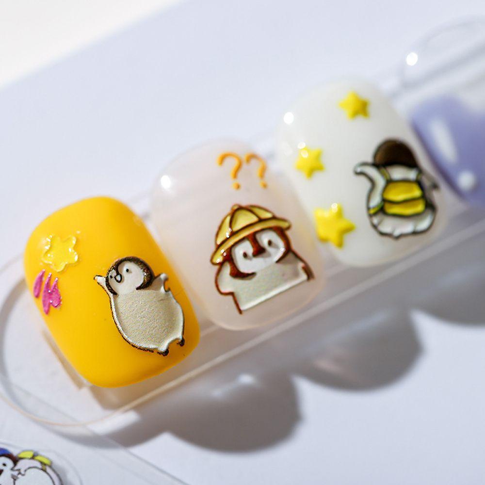 Agustina Kartun Stiker Kuku Lucu 3D Relief Ternak Penguin Beruang Perekat Diri Nail Art Dekorasi