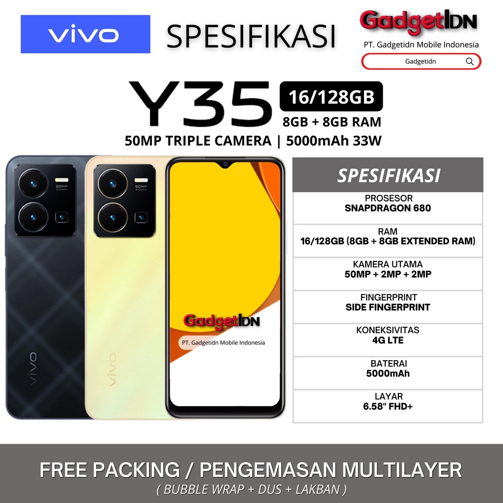 VIVO Y35 16/128GB ( 8GB + 8GB EXTENDED RAM ) GARANSI RESMI VIVO