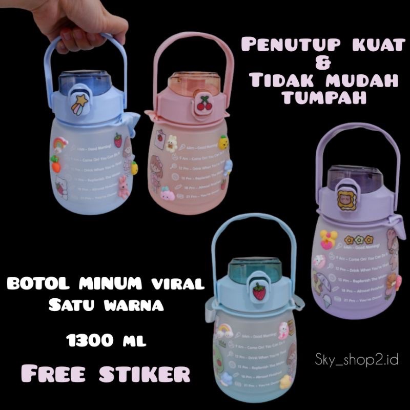 Botol Minum Big Belly Gemoy 1300ML 1.3Liter Botol Motivasi Penanda Waktu Botol Minum Viral Gradasi Free Sticker Botol Sultan Korea Kualitas Tinggi