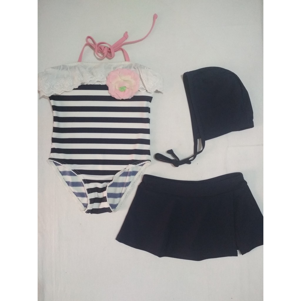 Baju Renang Jumpsuit Belang Putih Navy Renda Putih Bros Bunga Topi Rok
