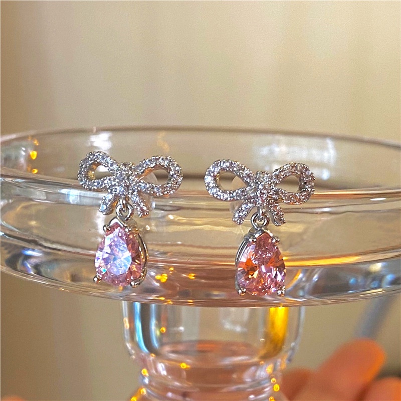 Anting Tusuk Gantung Bahan Sterling Silver 925 Desain Pita Hias Zircon Pink Gaya Mewah Untuk Wanita