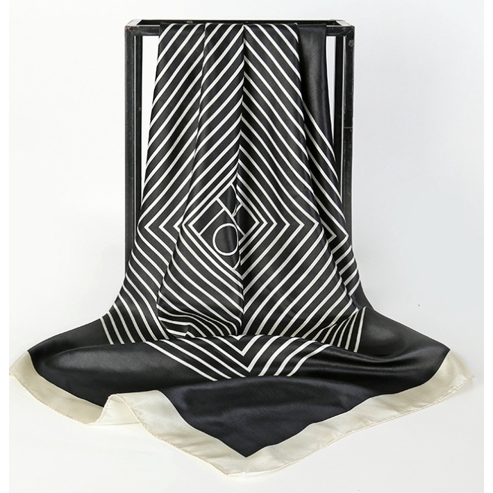 90x90cm Besar Syal Leher Fashion Korea Sederhana Gaya Aksesoris Hitam Putih Persegi Bergaris Selendang syal-B