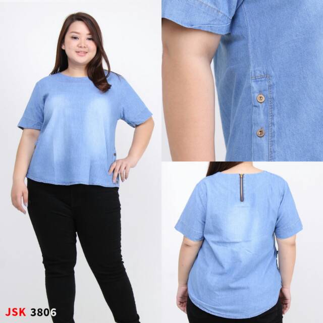 BAJU DENIM JUMBO LENGAN PENDEK / BLOUSE DENIM BIG SIZE WANITA LENGAN PENDEK JSK 3806