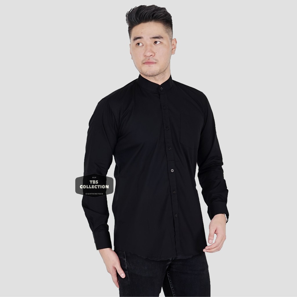 Kemeja Pria Lengan Panjang Hitam Polos Kerah Shanghai Kerah Koko Aneka Warna Casual Slimfit