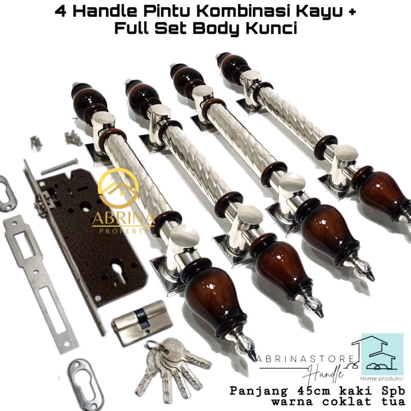 handle pintu rumah set kunci panjang 45cm tarikan gagang pintu rumah stainless kombinasi kayu handel hendel pintu rumah minimalis