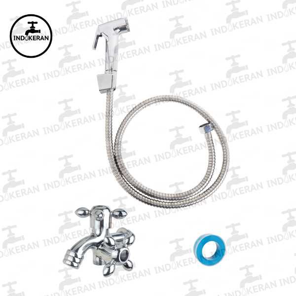 INDOKERAN - Paket Kran Shower Mandi Cabang dan Jet Shower Cebok - Chrome - 1/2 Inch - High Quality