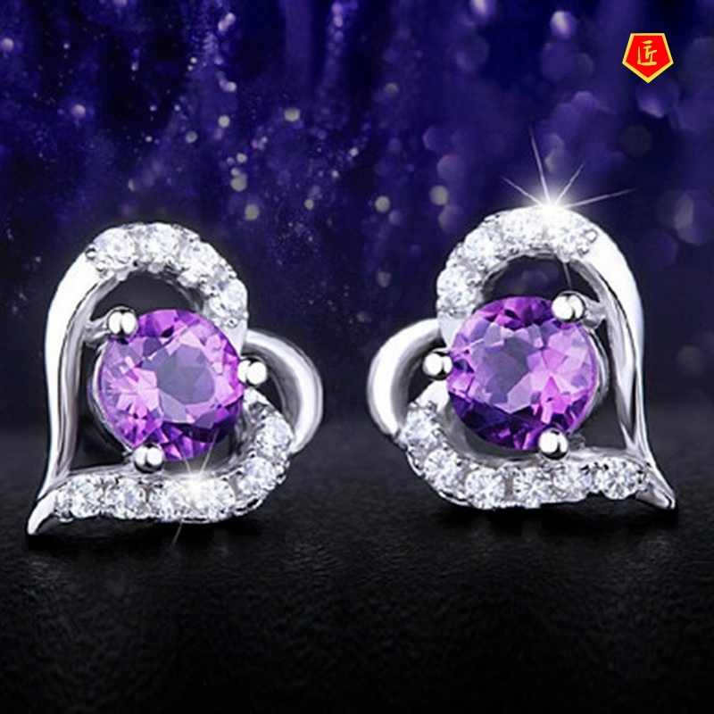 [Ready Stock]Silver Heart-Shaped Amethyst Stud Earrings for Women