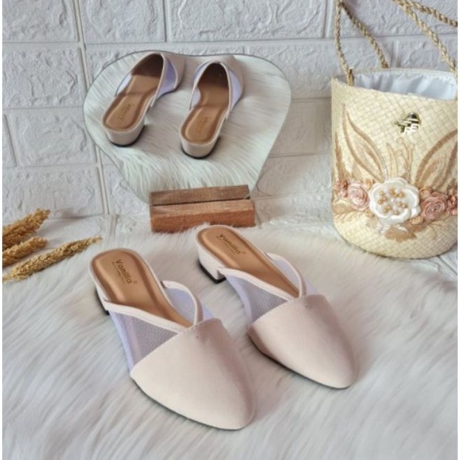 Bryan Axora Mules Style Heels 3cm Suede Beludru Hak Tahu Jala Nyaman Transparant Basic Bustong