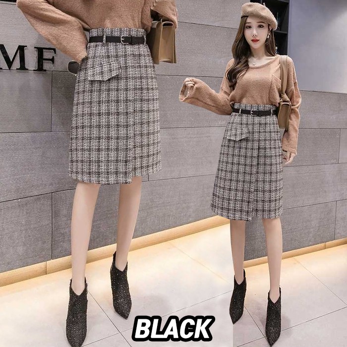 KARAKOREA 8932 Harper Skirt + Belt/Rok autumn/Midi Skirt/Rok kerja/Rok Korea Skirt