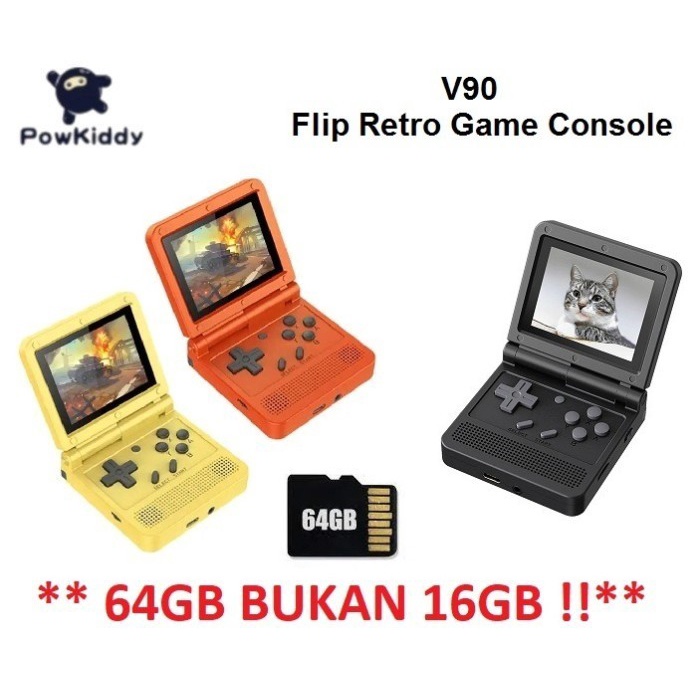 Game Nostalgia Jadul - POWKIDDY V90 - Retro Flip Handheld Console 64GB