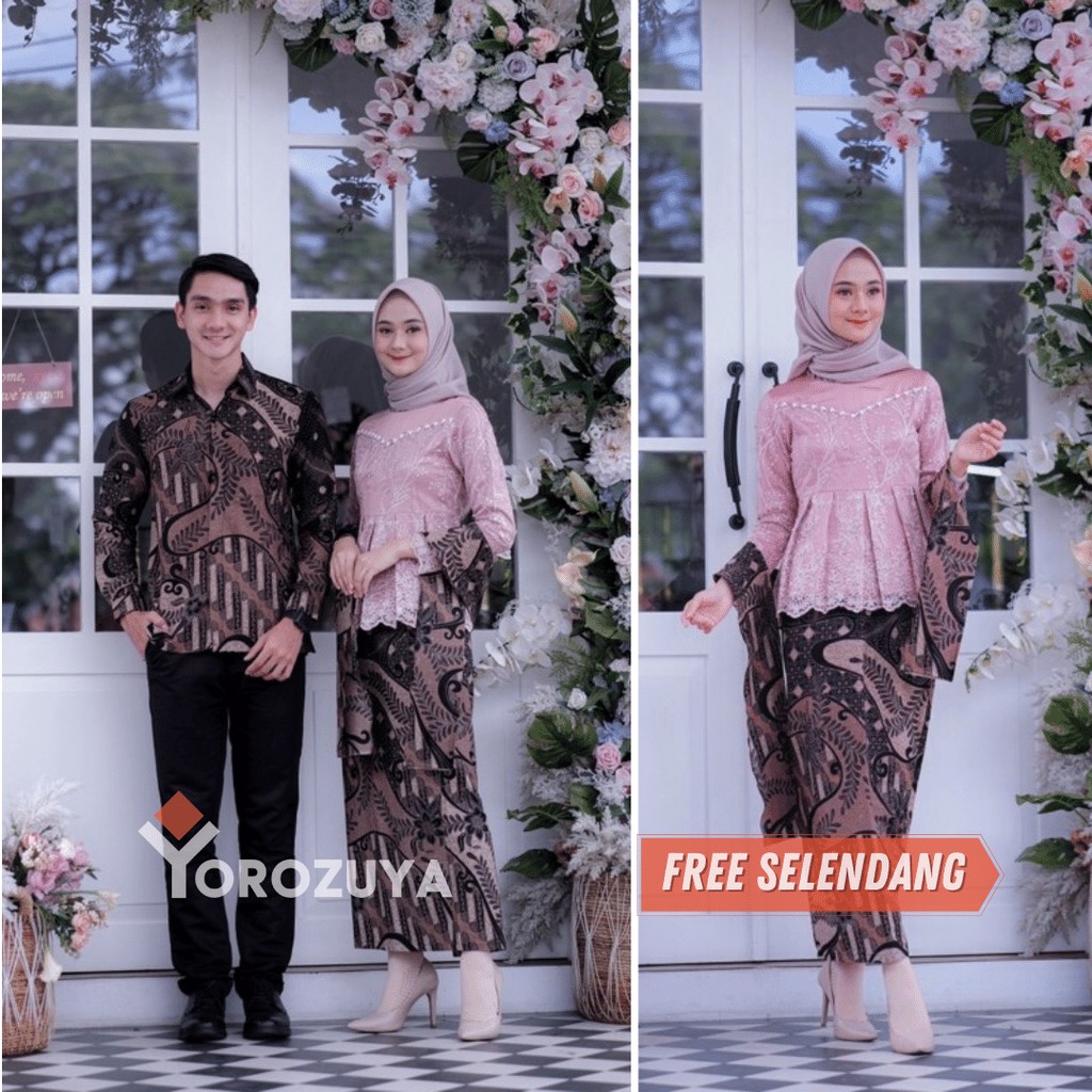 BATIK COUPLE BAJU COUPLE LAMARAN TERBARU 2022 KEBAYA DUSTY PINK COUPLE TUNANGAN SUAMI ISTRI BRUKAT P