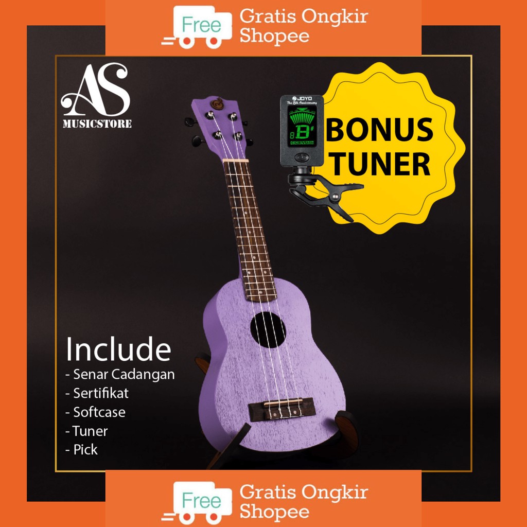 BONUS TUNER Ukulele Soprano Mandalika Warna Ungu Original