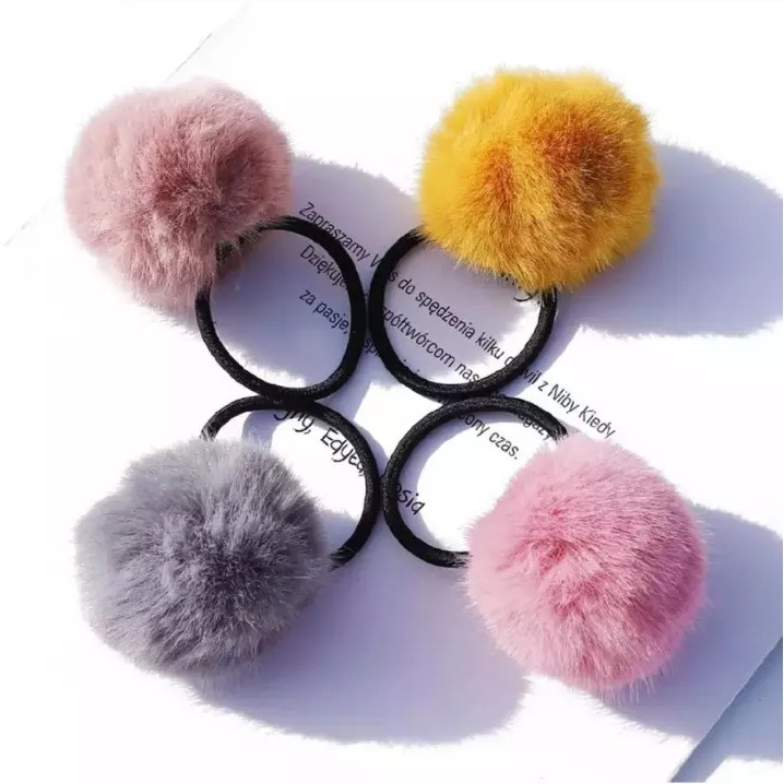 IKAT RAMBUT KOREA POM POM - Ikat Rambut Pompom Elastis dengan Bulu Lembut - Kuncir Rambut Anak