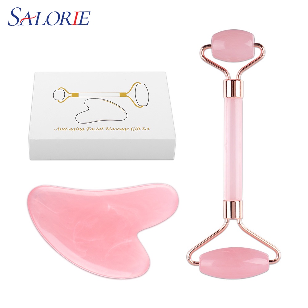 Salorie 2pcs Roller Pijat Wajah Guasha Leher Kulit Penghilang Kerut Gua Sha Papan Guuache Scraper Perawatan Kecantikan Alat Pengangkat Wajah P00191