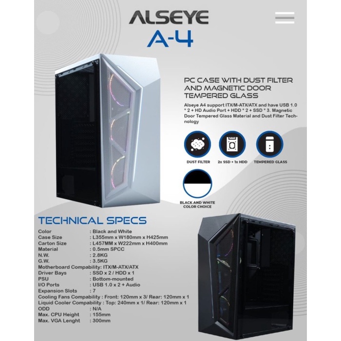 Casing PC / Komputer Alseye A4 Putih Tempered Glass