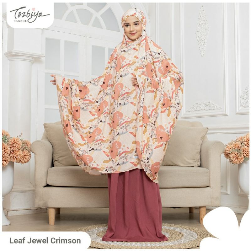 Mukenah Tazbiya Leaf Jewel Pink Crimson Grey Jumbo Dewasa Katun Rayon Adem Motif Cantik