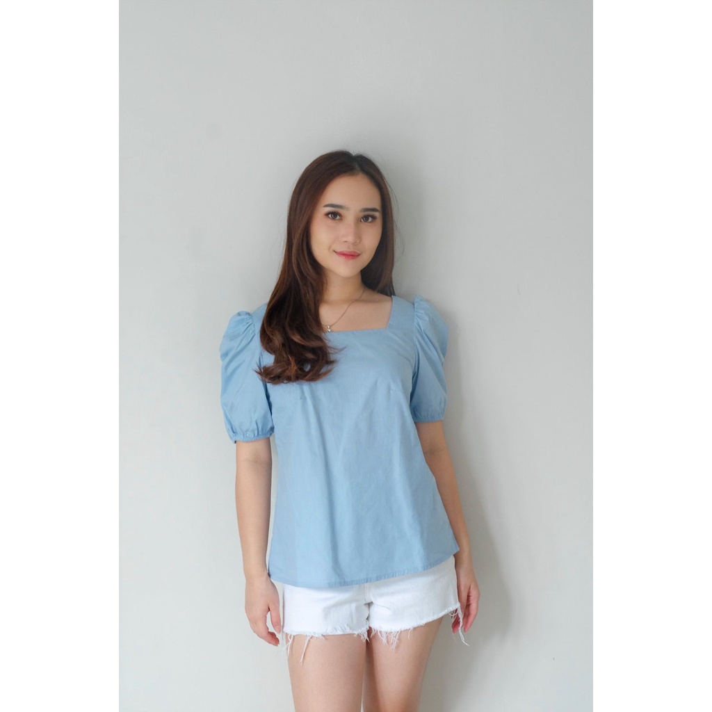 BLOUSE WANITA - ATASAN BAJU WANITA BAHAN KATUN [ JOSIE TOP ] - HAZEL CLOTHING-POWDER BLUE