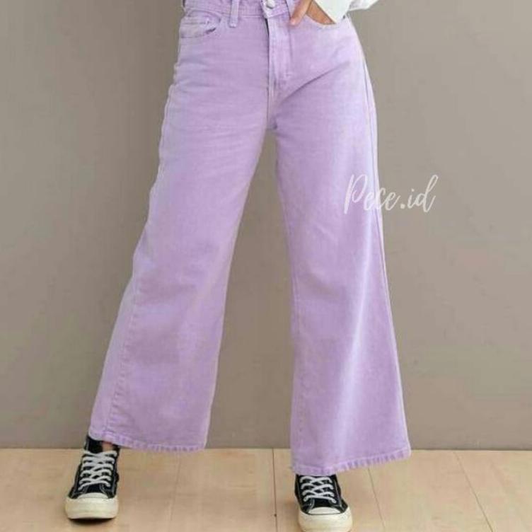 Big Sale.. CELANA KULOT JEANS LOOSE WANITA POLOS PASTEL LILAC CREAM HIGHWAIST JENS CUTBRAY
