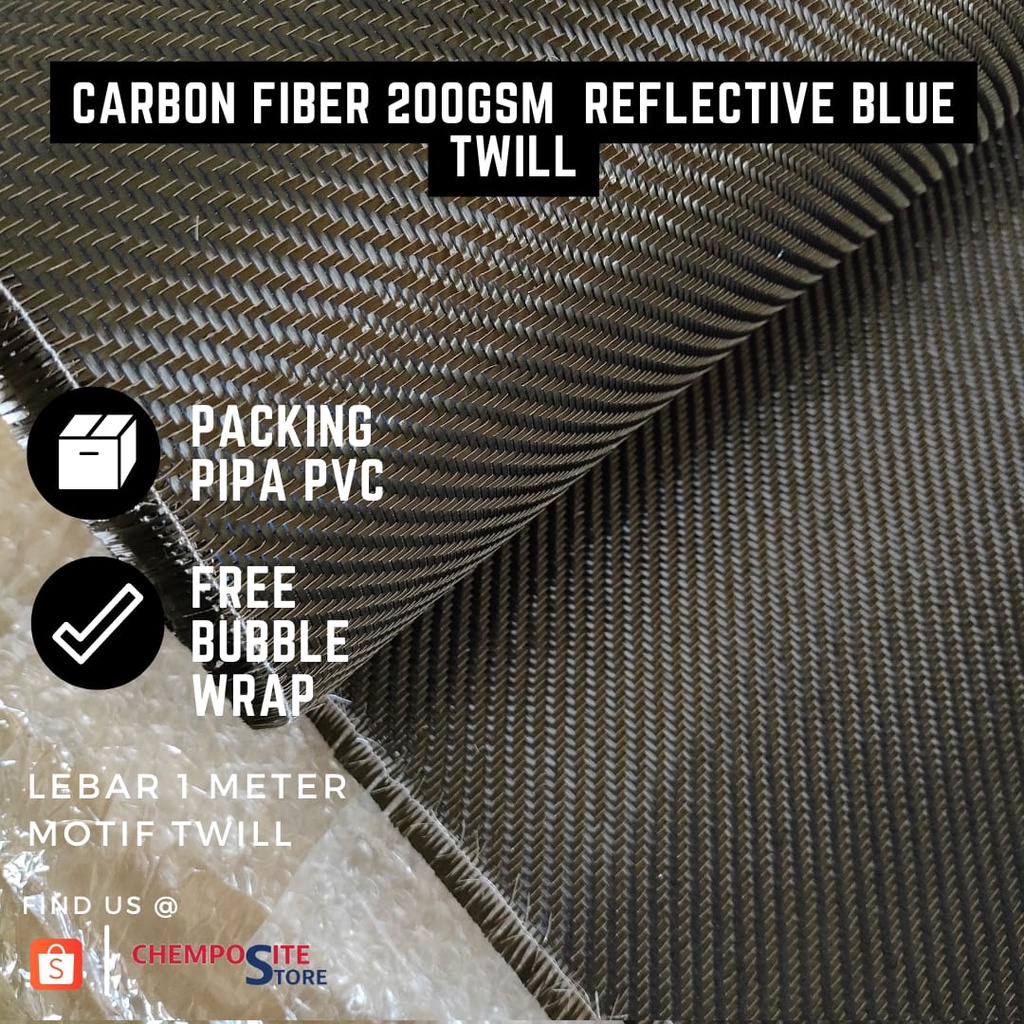 serat carbon fiber blue reflective metalic TWILL 200Gsm L 1m