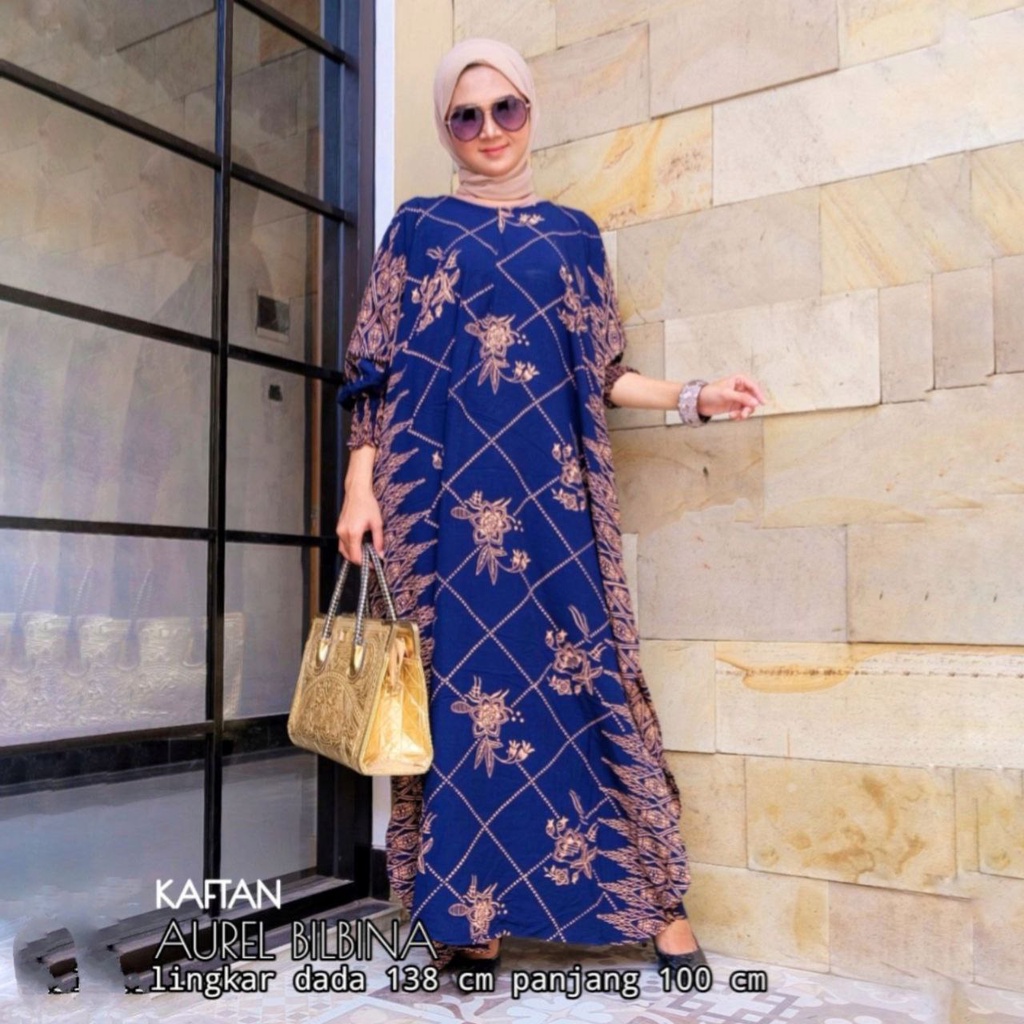 Kaftan Aurel Bilbina - Kaftan Wanita Jumbo Katun Rayon Batik Premium Busui Dress Gamis Batik Bigsize Fashion Muslim Kekinian LD 138  cm