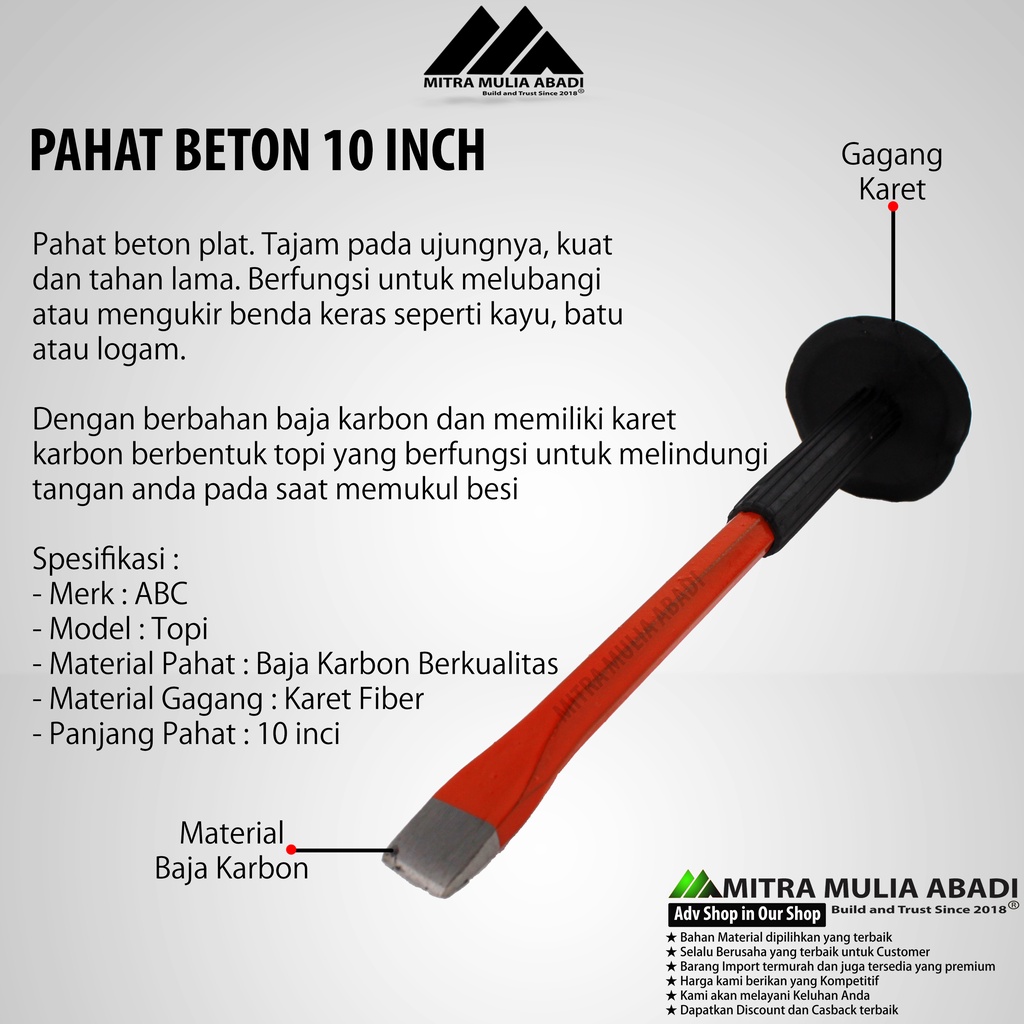 Pahat Beton 10 Inci / Topi l Karet/ Betel Tembok