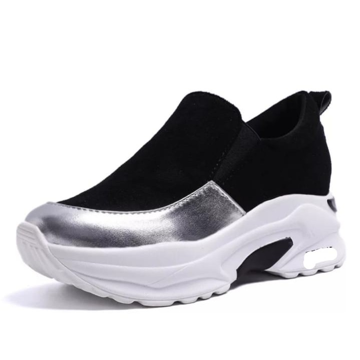 SEPATU FASHION WANITA SNEAKERS CASUAL LEATHER METALIC-HITAM