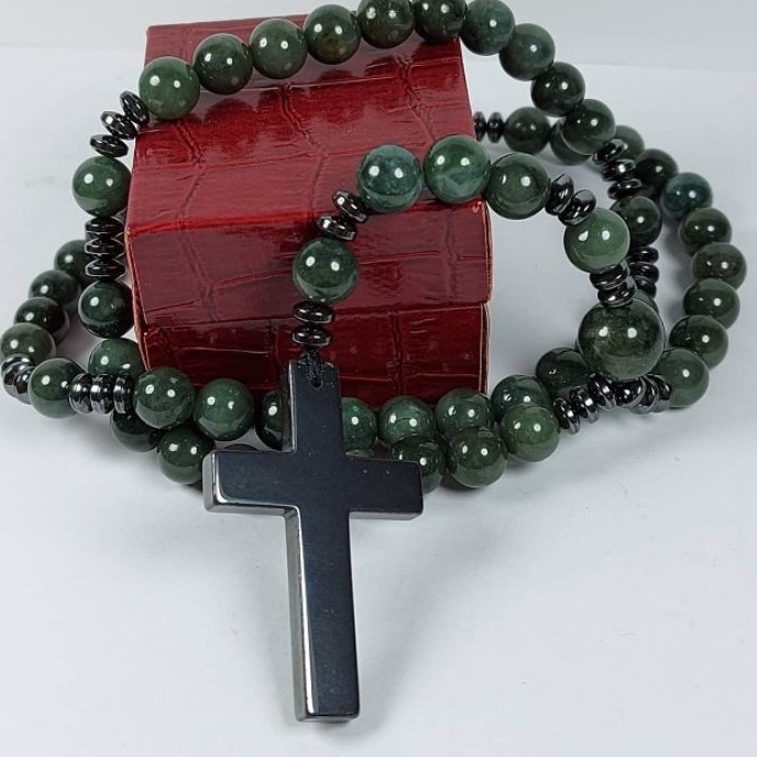 kalung rosario batu giok asli Burma hijau tua natural jadite jade feicui kualitas plus hematite