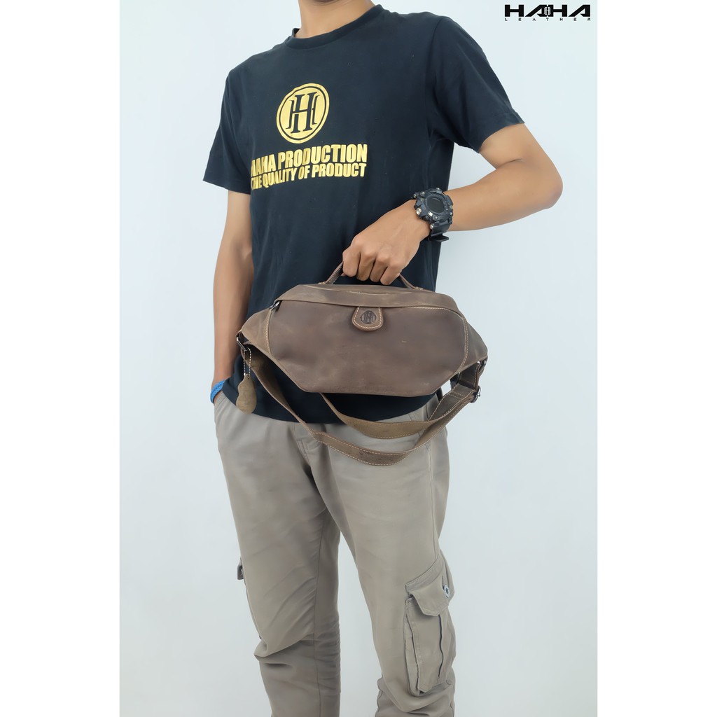 Tas Selempang Kulit Asli KENJI Sling Bag Tas Pinggang Tas Dada Waist Bag Cowok Pria Laki Crazy Horse