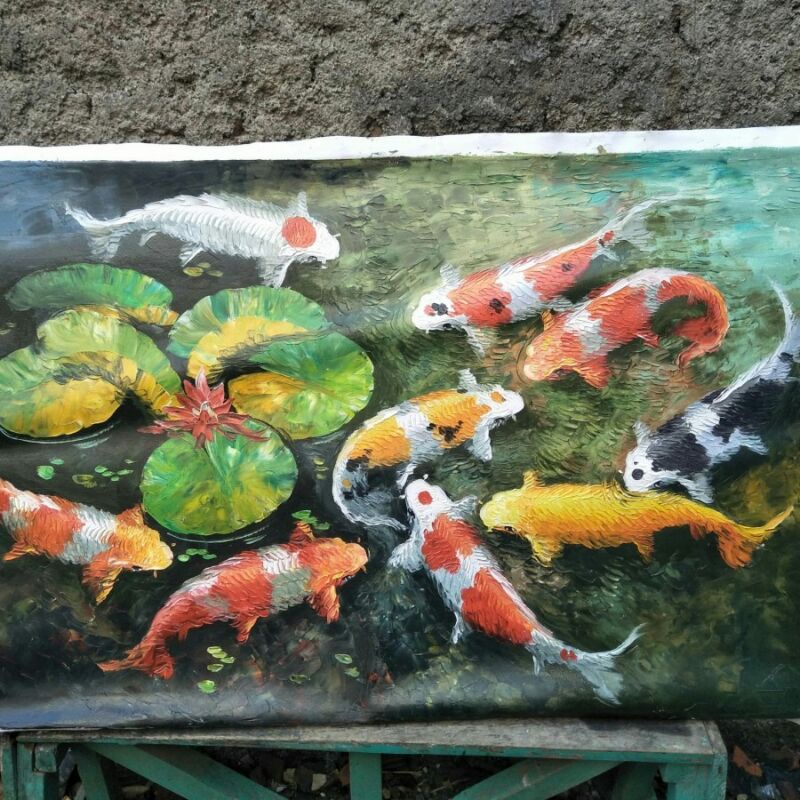 Lukisan ikan koi besar Jumbo 3d dan bingkai dinding ruang tamu fengshui dekorasi kanvas kanfas 9 eko