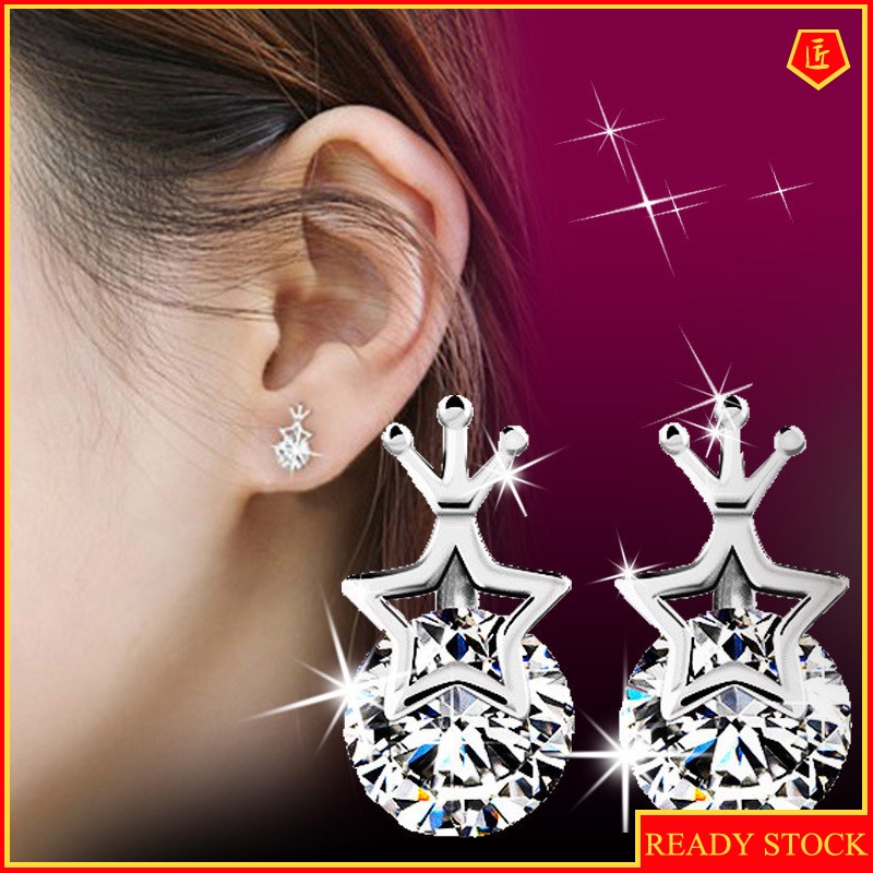 [Ready Stock]New Silver Five-Pointed Star Crown Earrings