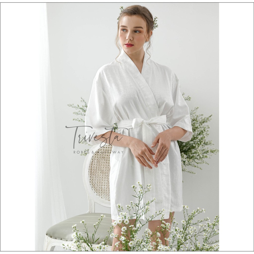 Trivesta Robes - Basic Robe Broken White / Embossed - Kimono Robe Bridesmaid Satin + Free Bordir (Tulisan Bebas Bisa Nama)