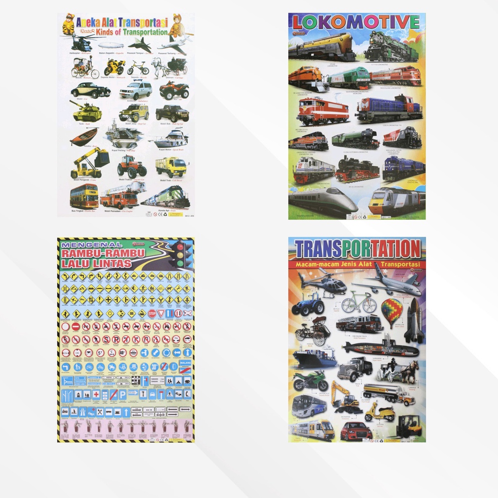 

Poster edukasi anak lembaran aneka trasnportasi lokomotive rambu lalu lintas