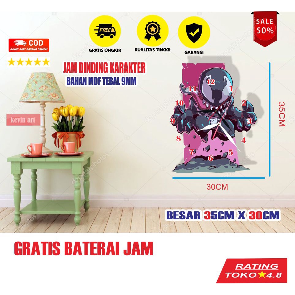 JAM DINDING KAYU UNIK KARAKTER VENOM MONSTER SPIDERMAN TERBARU PALING LARIS DEKORASI DINDING CUSTOM