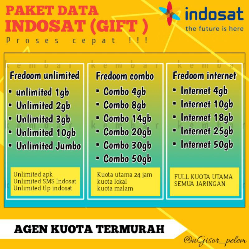 KUOTA GIFT INDOSAT IM3 fredoom combo unlimited full 24jam 1gb,3gb,7gb,10gb,20gb,30gb,50gb,jumbo