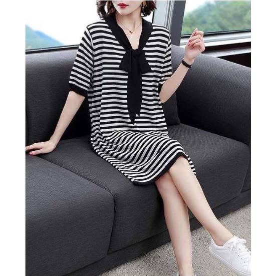 Dress Lengan Pendek A-line Bergaris Fashion Minimalis gaun