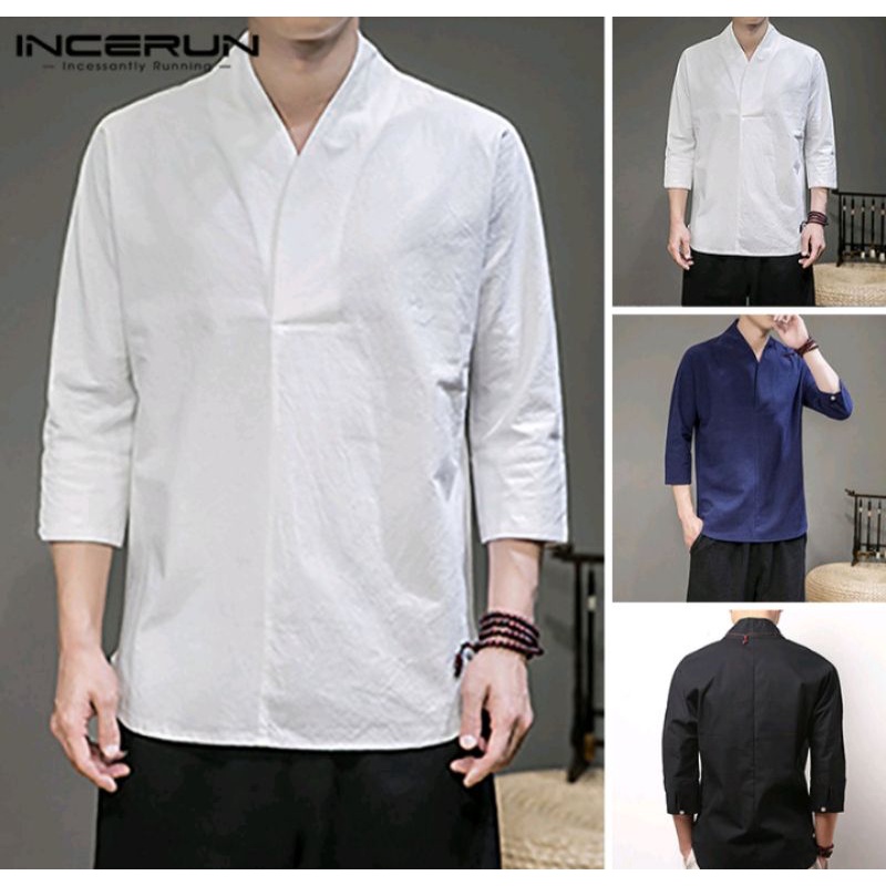 Kemeja Lengan 3/4 V Neck Incerun ORI Navy Size S