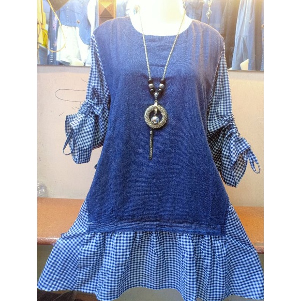 Mthreecollection/Tunik Jeans Wanita Kombinasi Bahan Katun